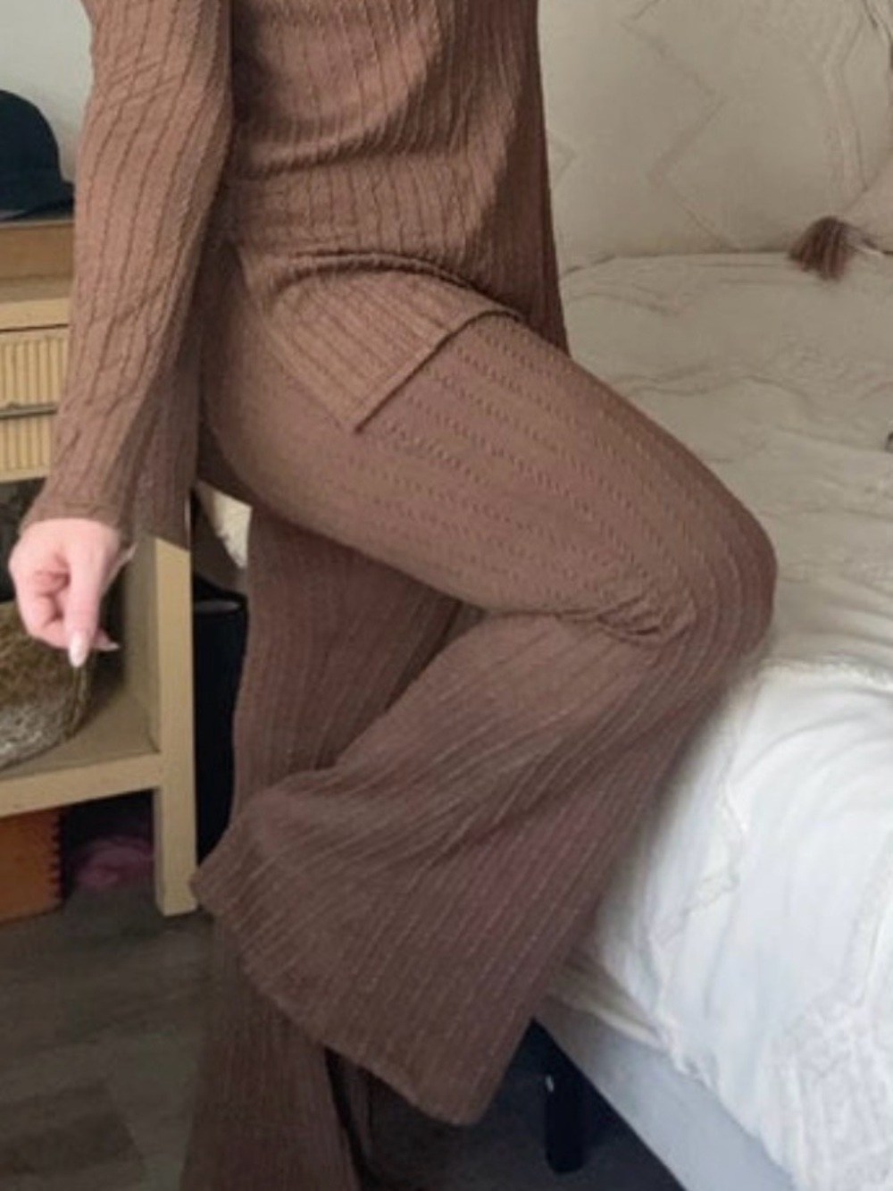 Ribbed Knit Wide-Leg Pants - Brown
